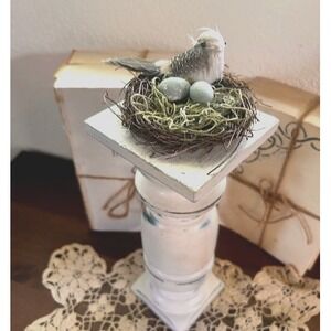 Vintage Wooden Soft White & Blue Candlestick with Bird Nest & Eggs Decor 10" H